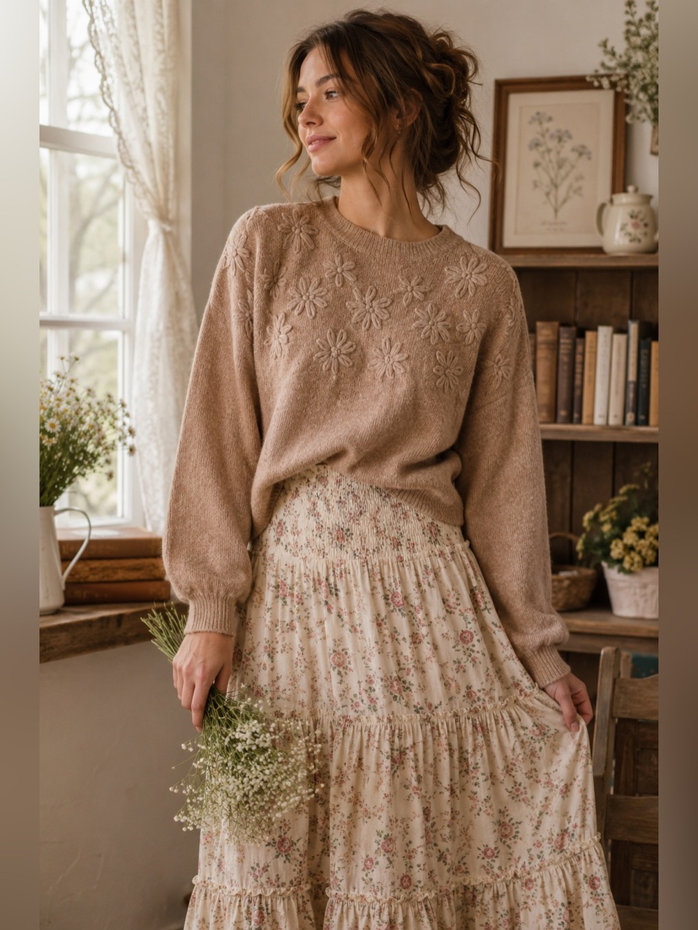 Polagram The Liza Floral Grandma Sweater Women's Tan w/Floral Embroidery Medium